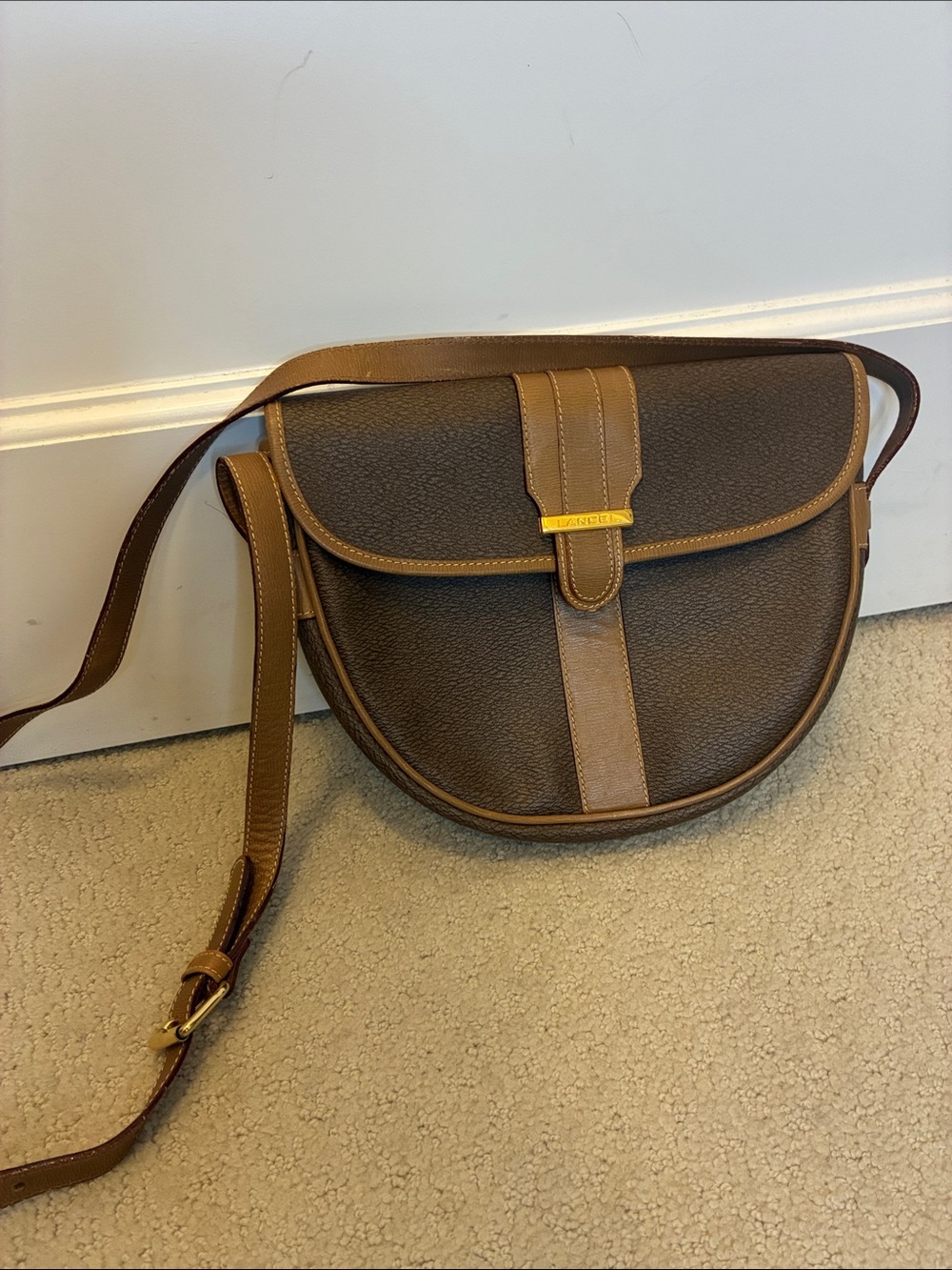 Vintage Lancel Paris Coated Canvas Crossbody Saddle Bag Brown Tan Trim👝